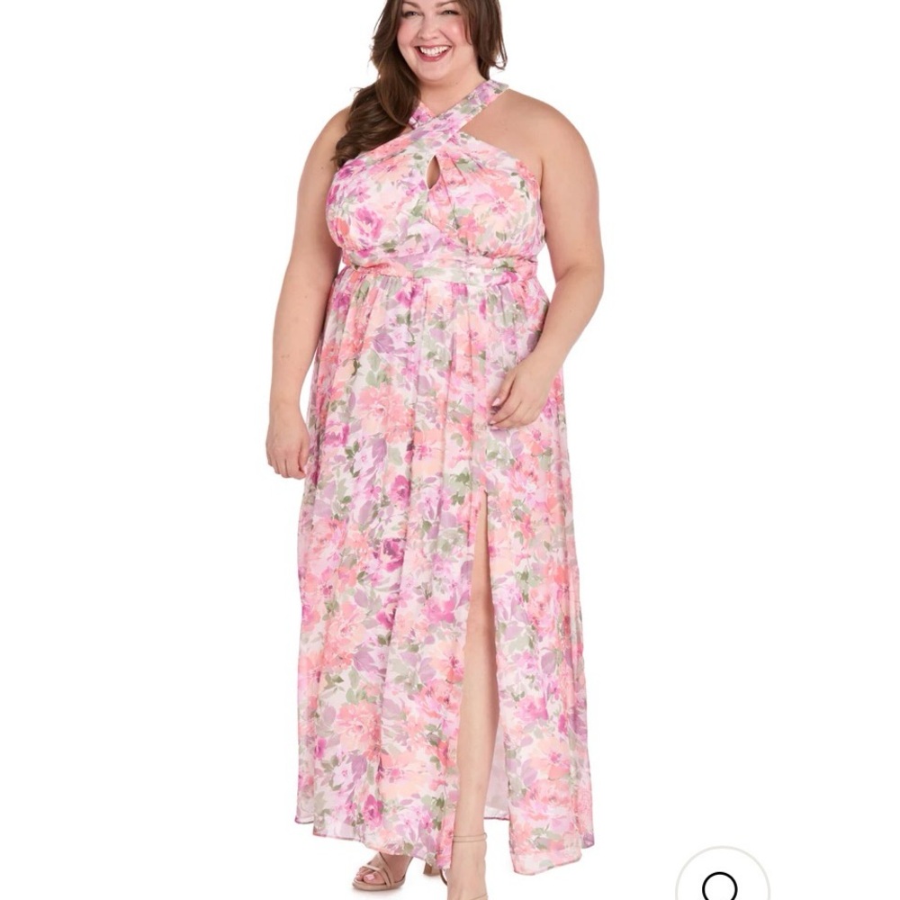 R&M Richards Ivory Blossom Floral Halter Maxi Dress Style 4031 Size 18 NWT